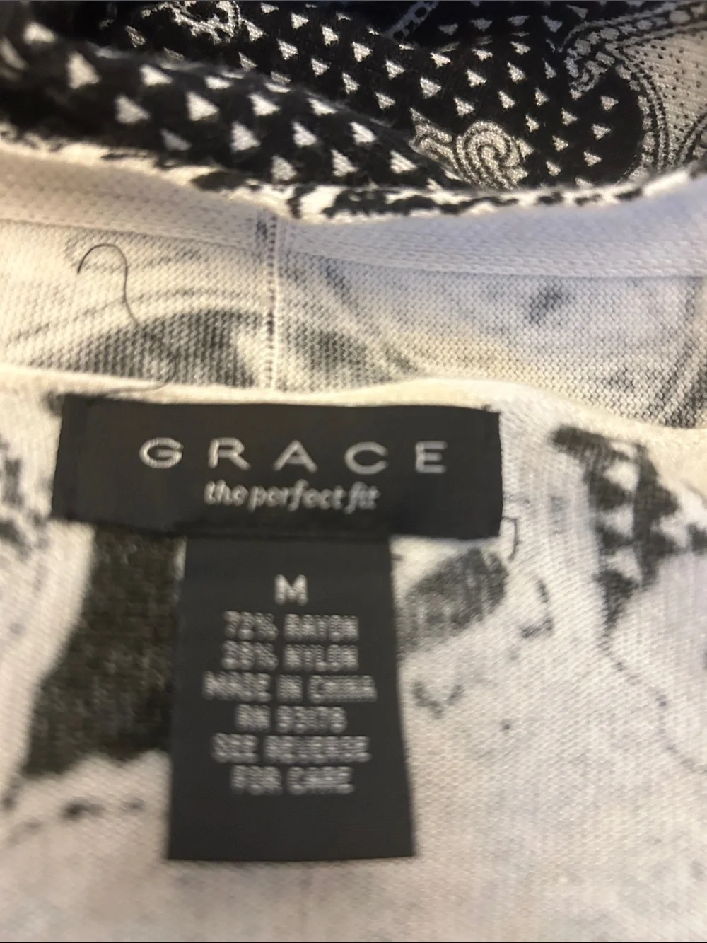 Grace Black and White Paisley Open-Front Women's Sweater Cardigan Size M EUC